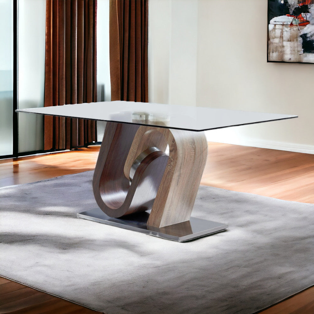 71" Brown Silver and Glass Pedestal Base Dining Table