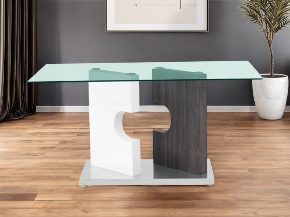 36" Clear And Gray Glass And Stainless Steel Double Pedestal Base Dining Table