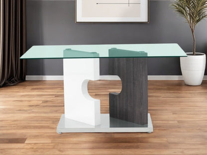 36" Clear And Gray Glass And Stainless Steel Double Pedestal Base Dining Table