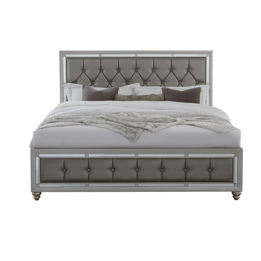 Solid Wood Full Tufted Silver Upholstered Linenno Bed With Nailhead Trim