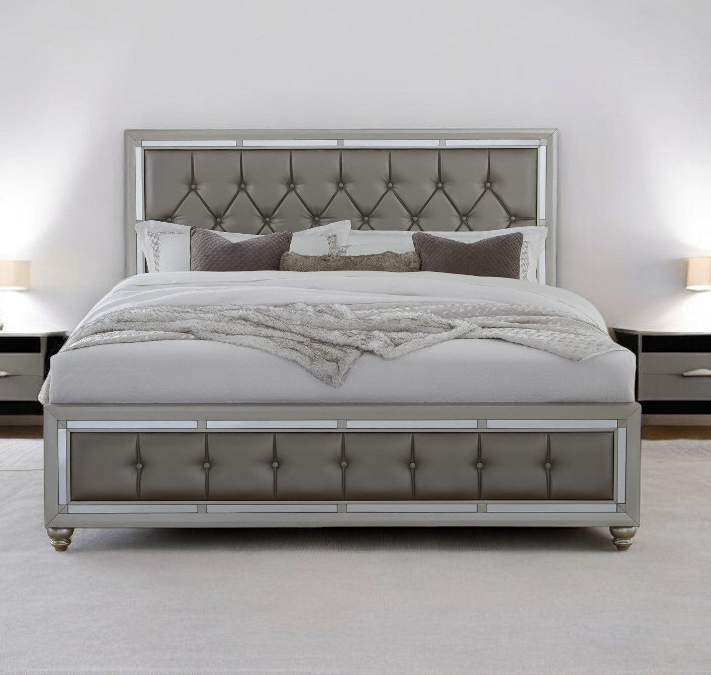 Solid Wood Full Tufted Silver Upholstered Linenno Bed With Nailhead Trim