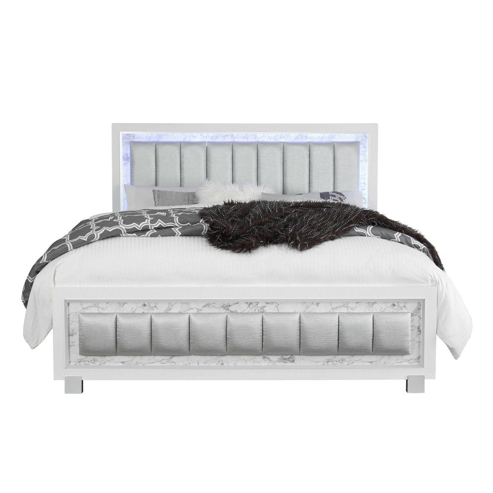 White Solid Wood And Faux Leather Lighted King Bed Frame With No