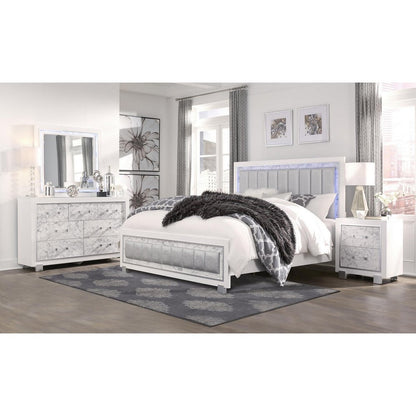 White Solid Wood And Faux Leather Lighted King Bed Frame With No