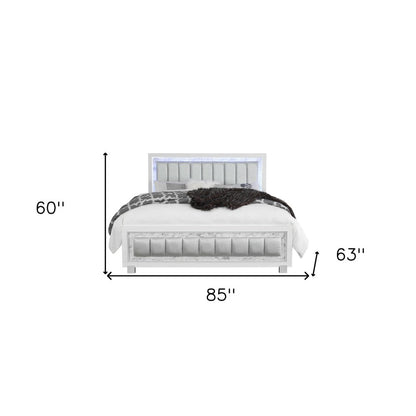 White Solid Wood And Faux Leather Lighted King Bed Frame With No