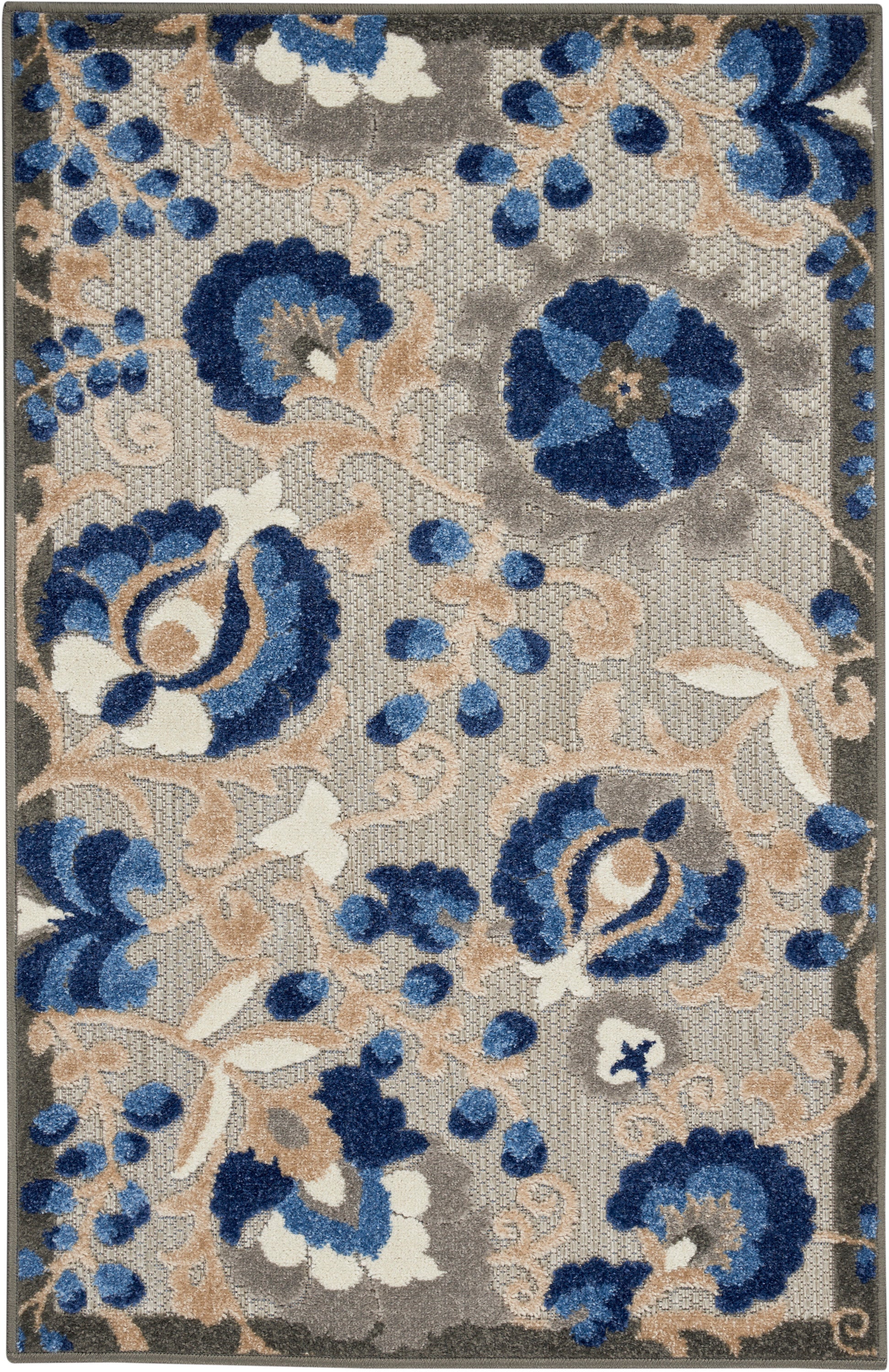 Rectangular area rug, 3' x 4', with blue, beige & gray floral damask pattern; plush pile & dark gray border.
