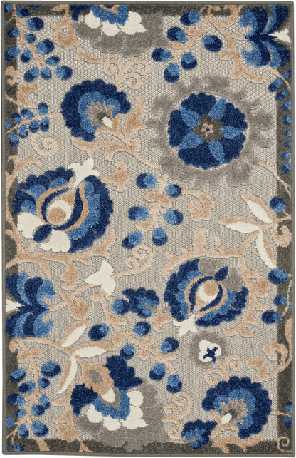 Rectangular area rug, 3' x 4', with blue, beige & gray floral damask pattern; plush pile & dark gray border.