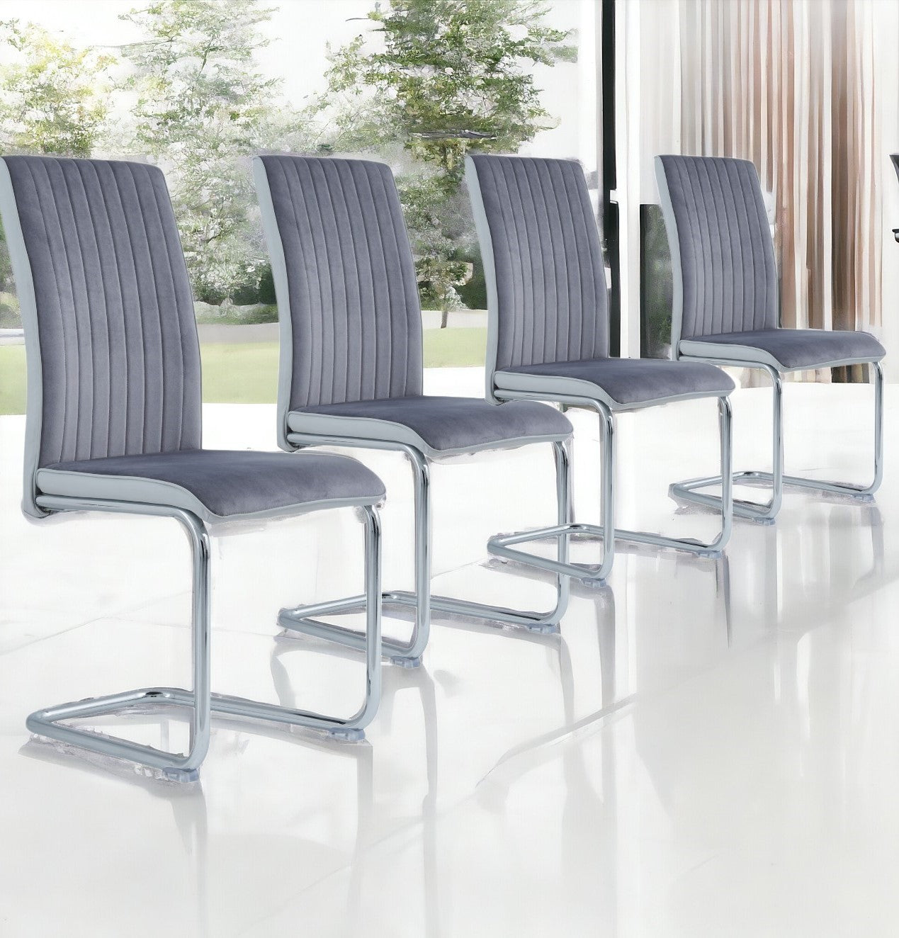 Set Of 4 Two Tone Grey And Chrome Dining Chairs