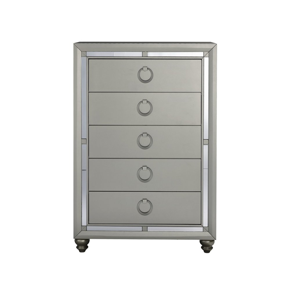 33" Silver Wood Mirrored Five Drawer Dresser