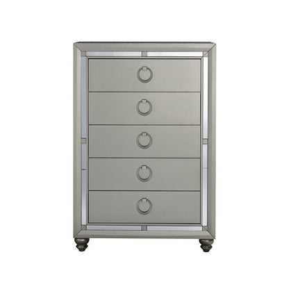 33" Silver Wood Mirrored Five Drawer Dresser