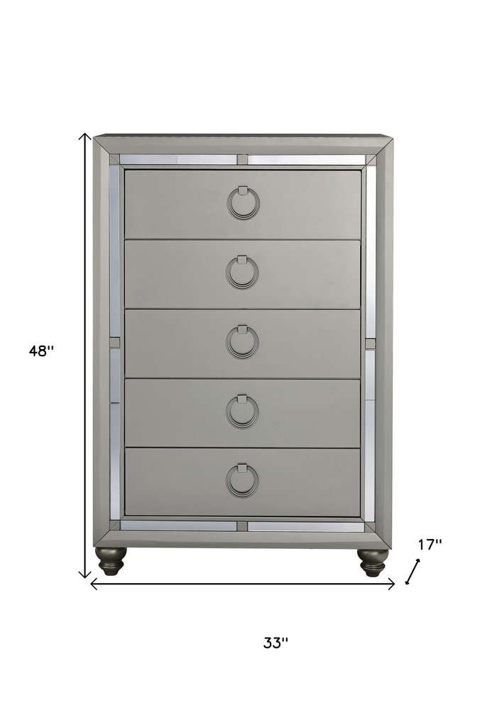 33" Silver Wood Mirrored Five Drawer Dresser