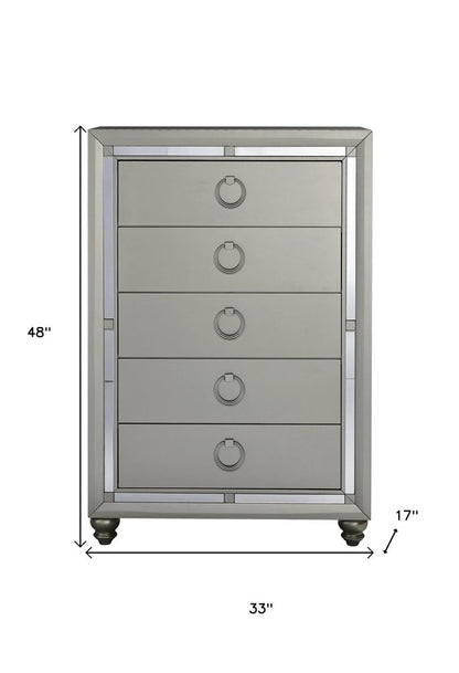 33" Silver Wood Mirrored Five Drawer Dresser