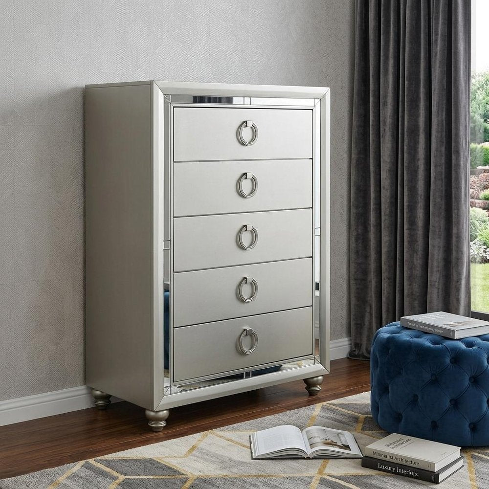 33" Silver Wood Mirrored Five Drawer Dresser
