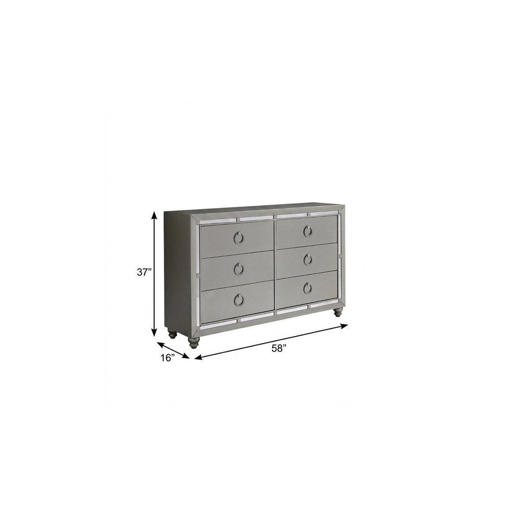 58" Silver Wood Mirrored Six Drawer Double Dresser