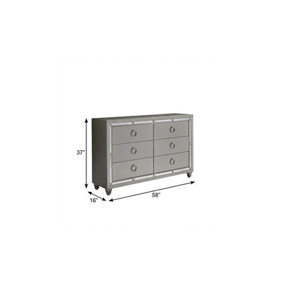 58" Silver Wood Mirrored Six Drawer Double Dresser