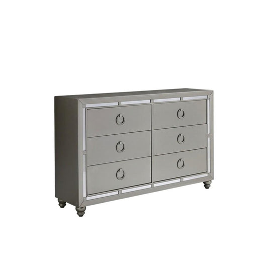 58" Silver Solid Wood Mirrored Six Drawer Double Dresser