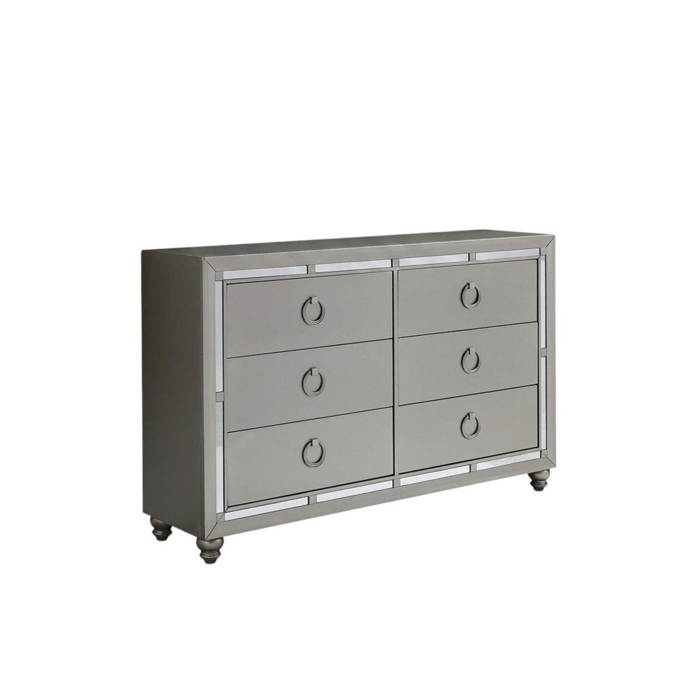 58" Silver Wood Mirrored Six Drawer Double Dresser
