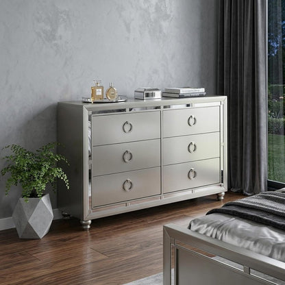 58" Silver Wood Mirrored Six Drawer Double Dresser