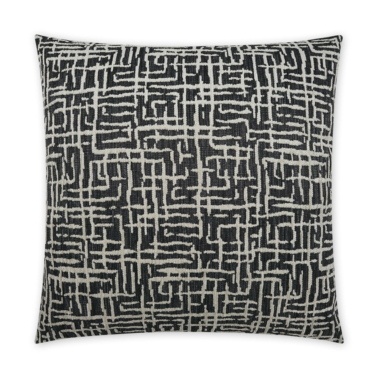 Square decorative throw pillow in black with a white geometric labyrinth pattern.