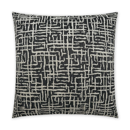 Square decorative throw pillow in black with a white geometric labyrinth pattern.