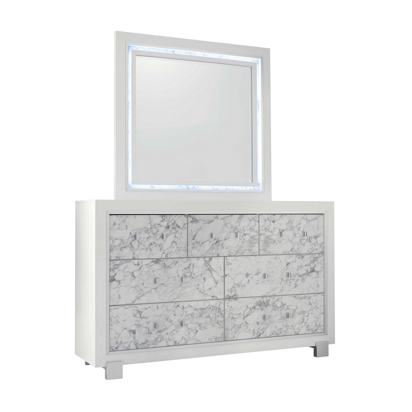 Modern White Mirror With Faux Marble Border Detail Led Lightning