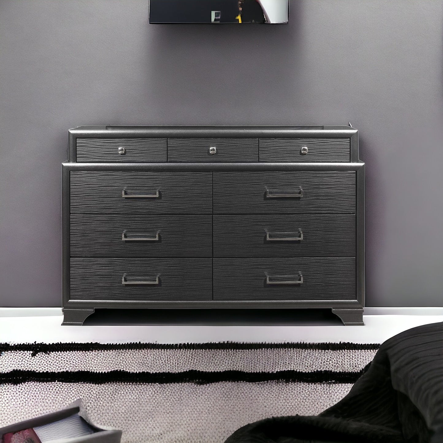 59" Gray Solid Wood Nine Drawer Double Dresser