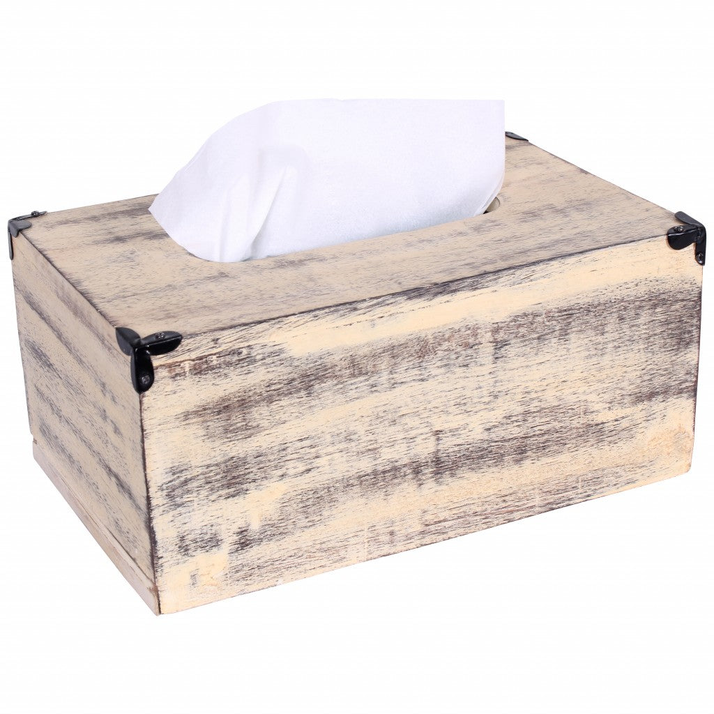 Rustic Yellow Washed Mango Wood Rectangular Tissue Holder