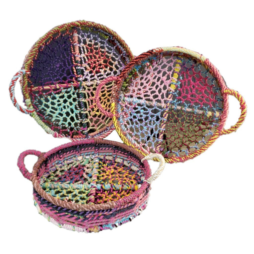 Handmade Set Of 3 Rainbow Round Nesting Jute Trays