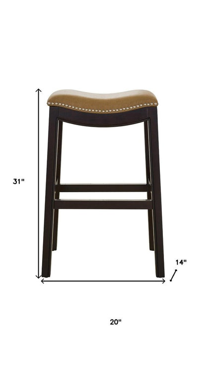 31" Tan and Espresso Faux Leather and Solid Wood Backless Counter Height Bar Chair