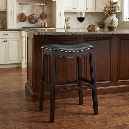 26" Black And Espresso Faux Leather And Solid Wood Backless Counter Height Bar Chair
