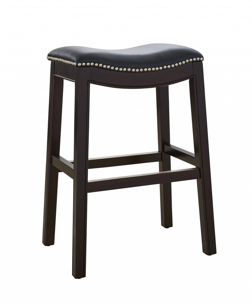 26" Black And Espresso Faux Leather And Solid Wood Backless Counter Height Bar Chair
