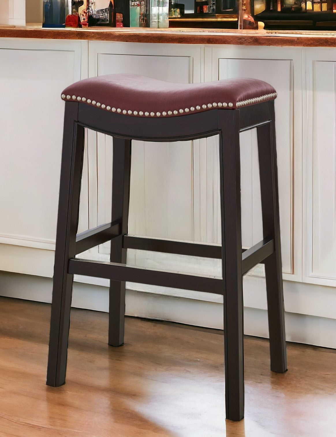 31" Dark Red And Espresso Solid Wood Backless Bar Chair