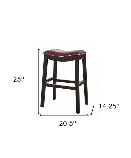 26" Dark Red And Espresso Faux Leather And Solid Wood Backless Counter Height Bar Chair