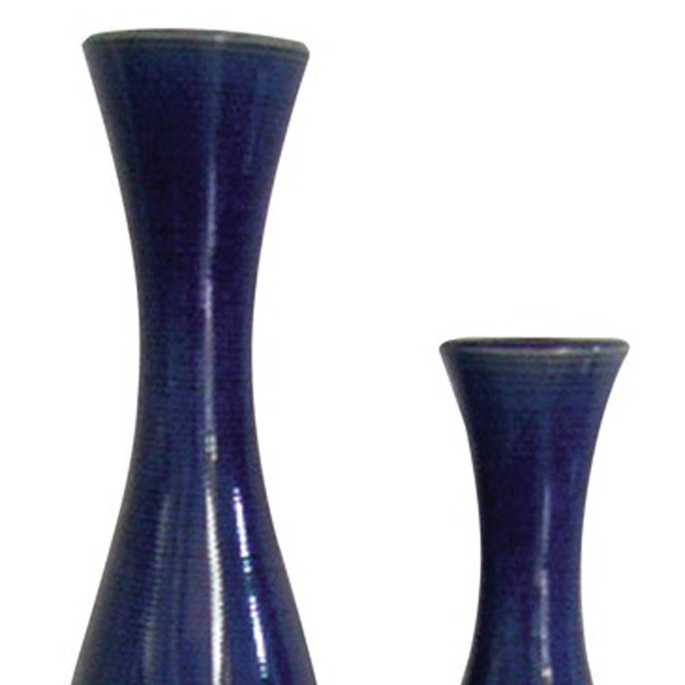 Set Of 2 Deep Indigo Blue Ceramic Tall Thin Vases