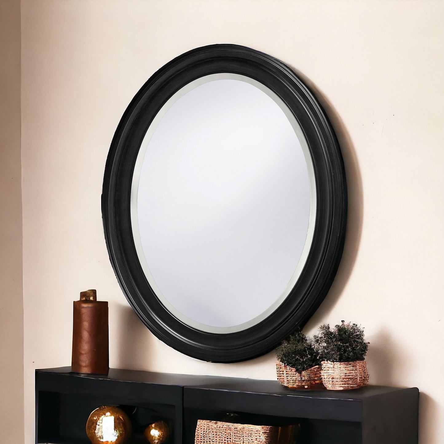 Oval Shaped Black Wood Frame Mirror