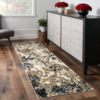 2' X 8' Ivory Navy Abstract Marble Indoor Runner Rug