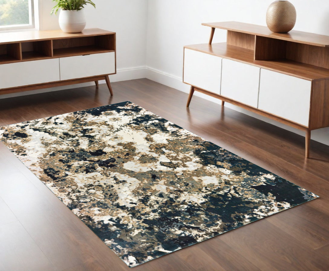 3' X 6' Ivory Navy Abstract Marble Indoor Area Rug