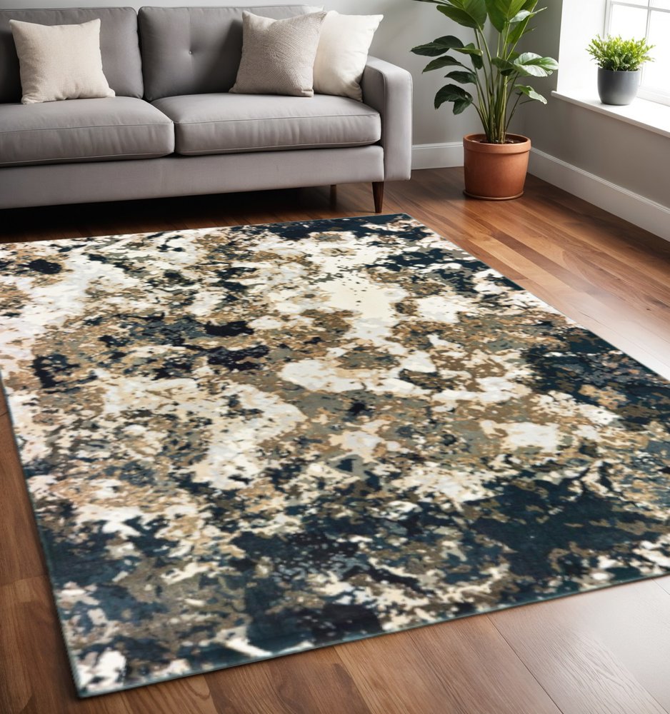 2' X 8' Ivory Navy Abstract Marble Indoor Runner Rug