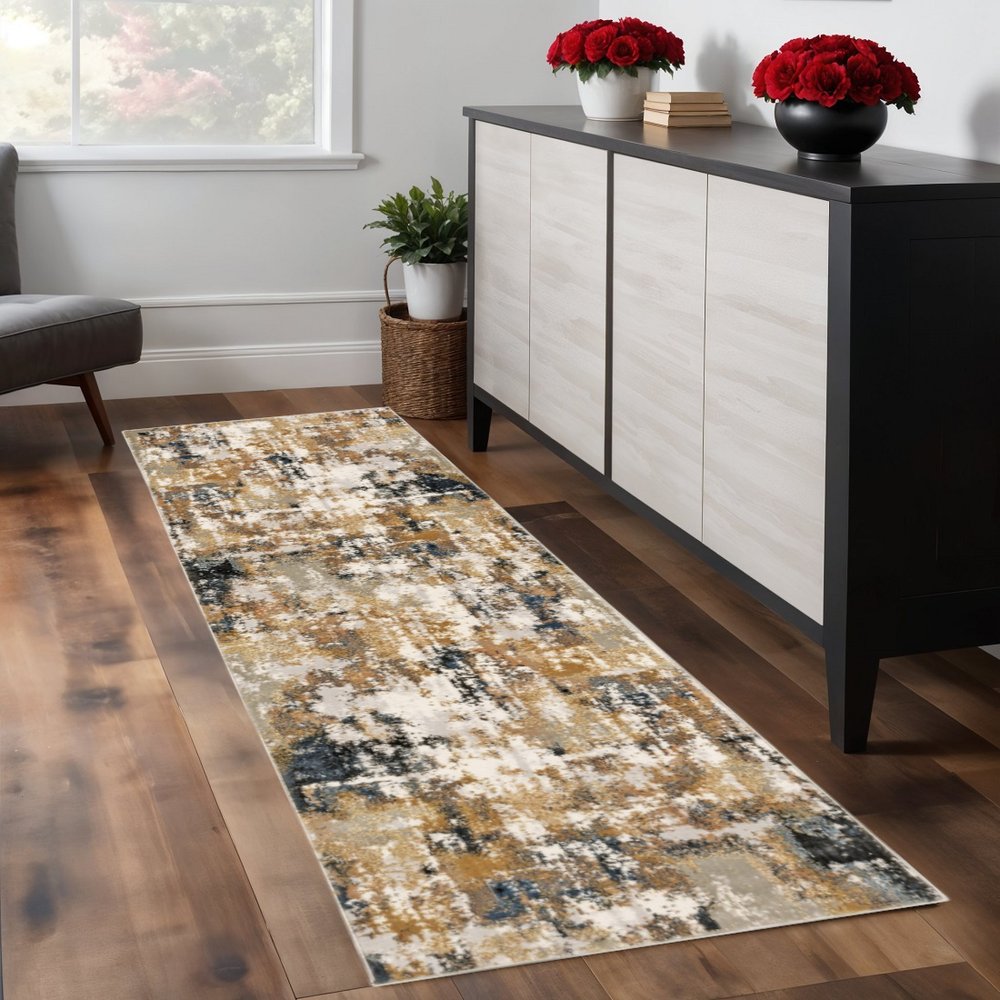 8' Ivory Gray Abstract Sectors Indoor Runner Rug