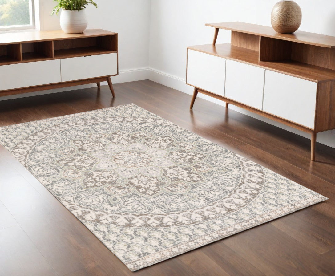 7' X 10' Ivory Grey Distresed Oversize Medallion Indoor Area Rug