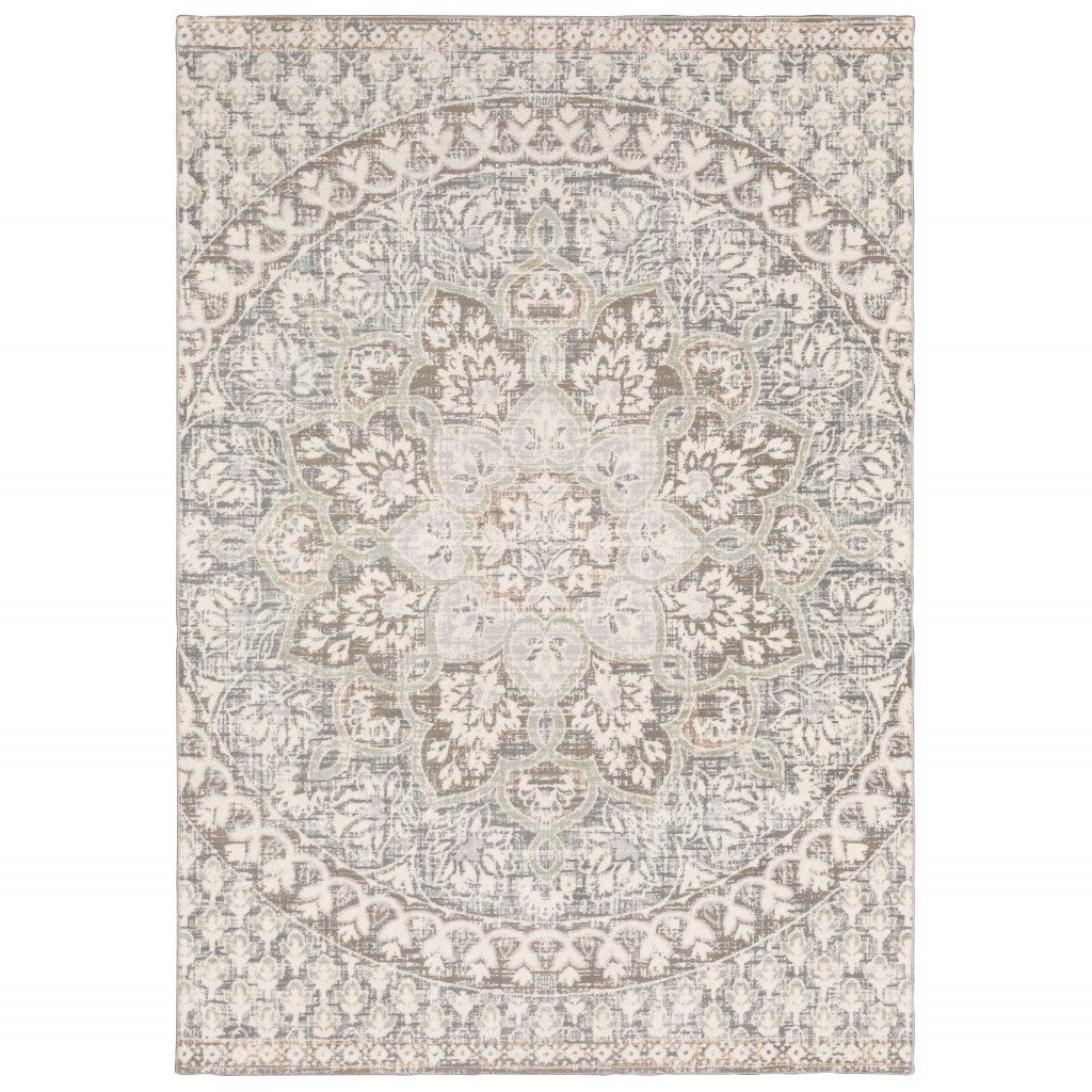 7' X 10' Ivory Grey Distresed Oversize Medallion Indoor Area Rug