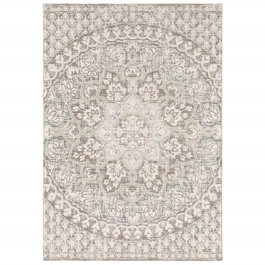 7' X 10' Ivory Grey Distresed Oversize Medallion Indoor Area Rug