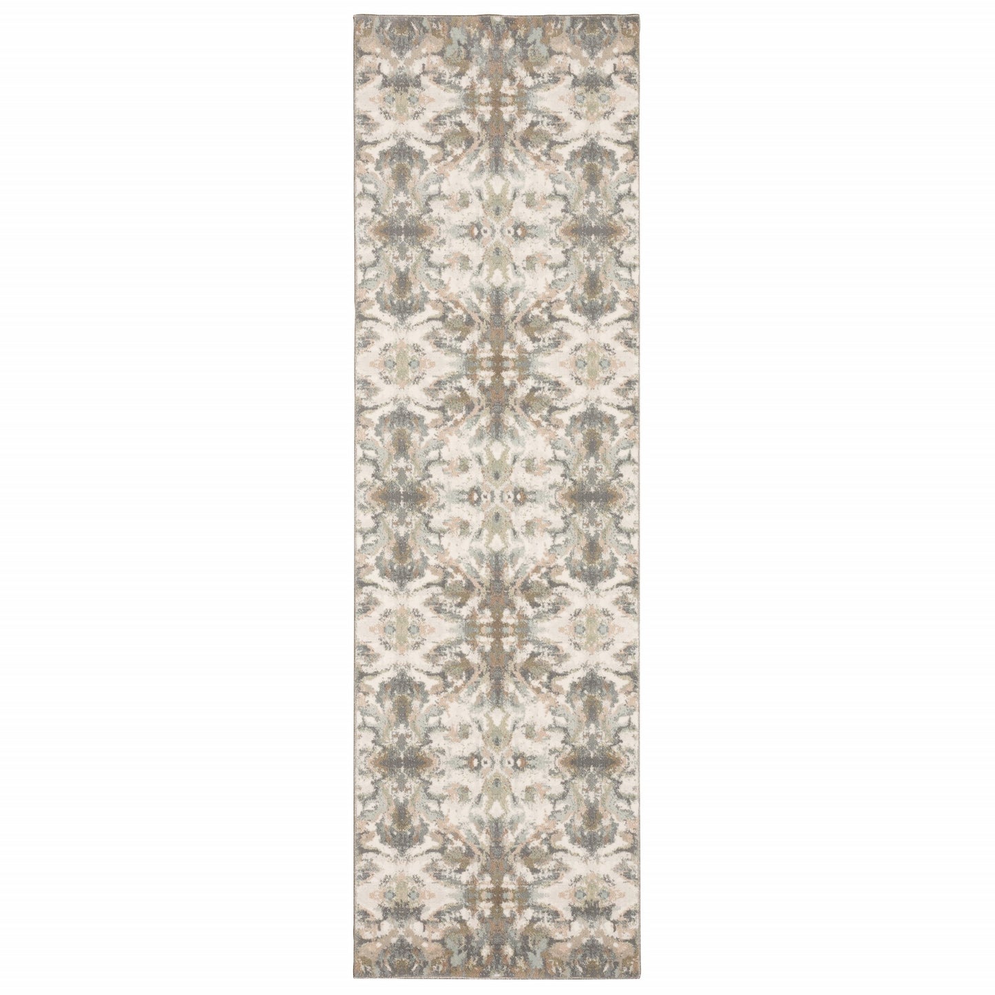 7' Ivory Gray Abstract Ikat Indoor Runner Rug