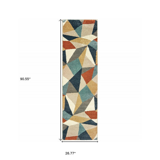 7' X 10' Blue Green Beige Retro Wedge Indoor Area Rug