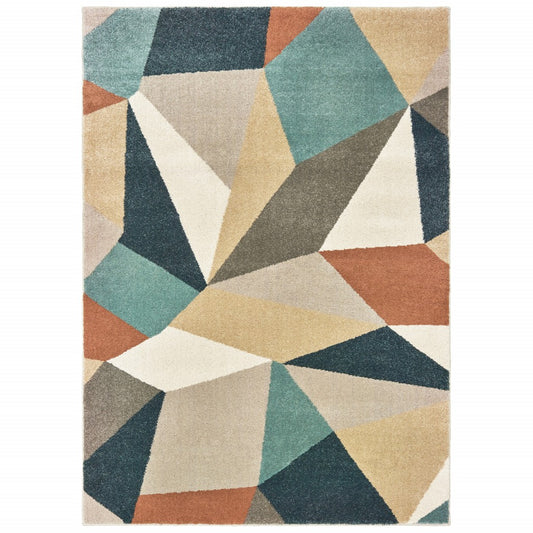 8' Blue Green Beige Retro Wedge Indoor Runner Rug