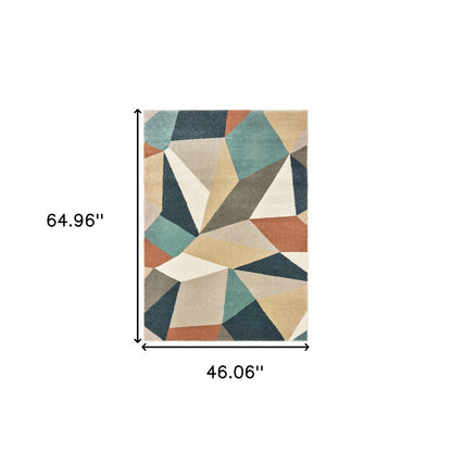 2' X 3' Blue Green Beige Retro Wedge Indoor Area Rug