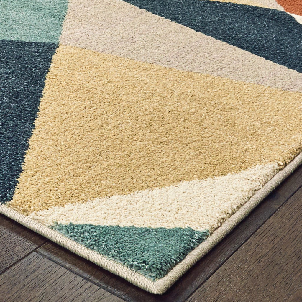 7' X 10' Blue Green Beige Retro Wedge Indoor Area Rug