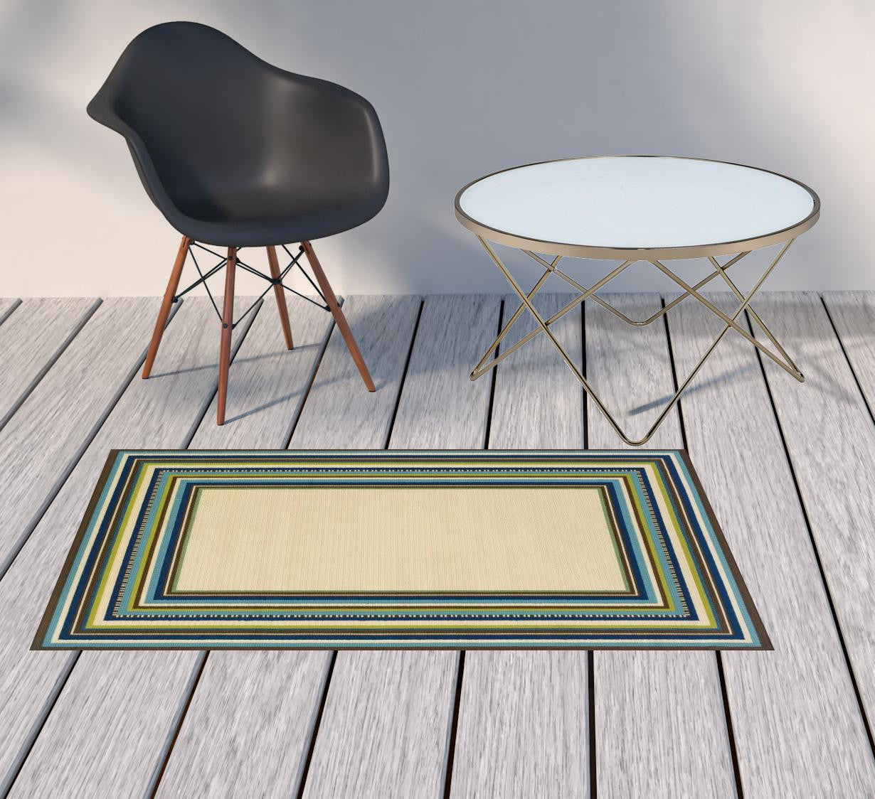 Ivory and Blue Striped Indoor Outdoor Area Rug