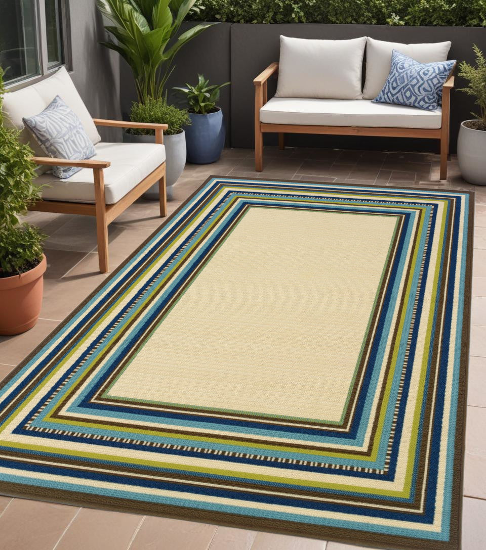 2' X 3' Ivory and Blue Striped Indoor Outdoor Area Rug