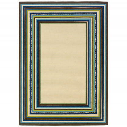 Ivory and Blue Striped Indoor Outdoor Area Rug