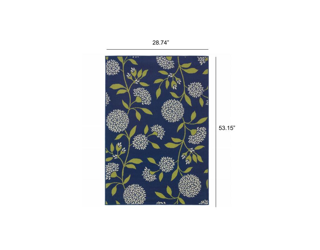 2' X 5' Blue and Green Floral Indoor Outdoor Area Rug